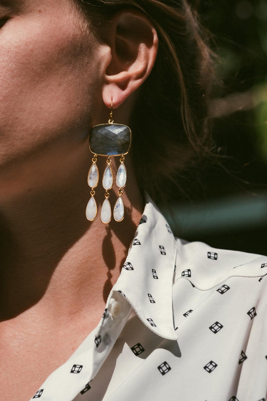 boucles d'oreilles or vermeil dormeuse pierre semi précieuse labradorite pierre de lune joaillerie création bijouterie paris bijoux femme