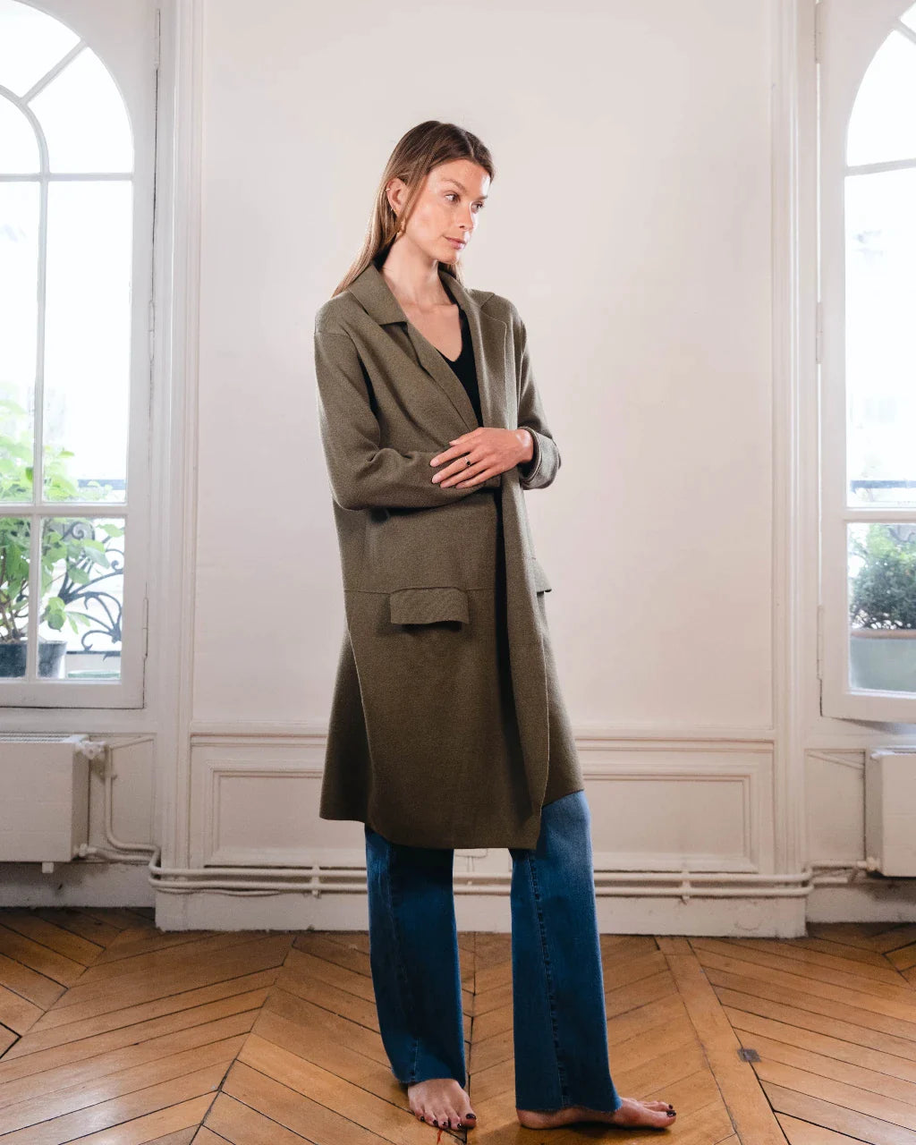 manteau droit femme kaki pret à porter création paris