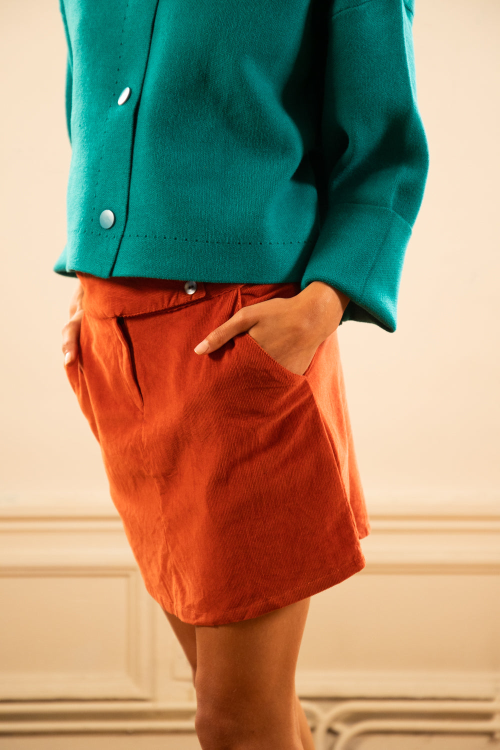 jupe courte terracota velours vêtements femme création paris