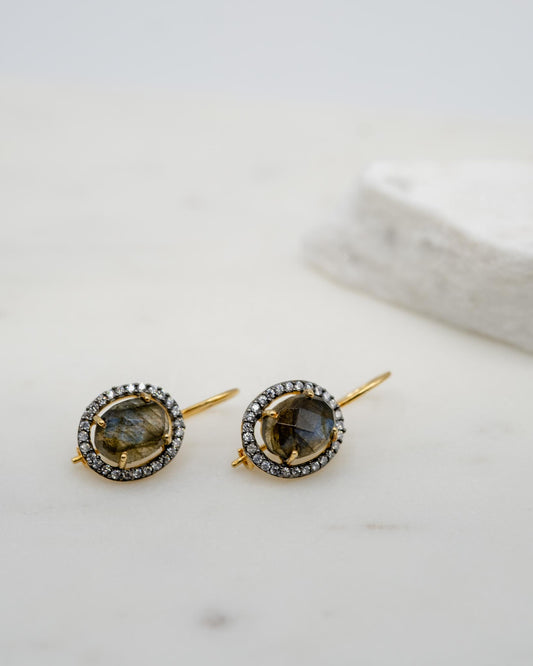 boucles d'oreilles or vermeil dormeuse pierre semi précieuse labradorite zirconia joaillerie création bijouterie paris bijoux femme