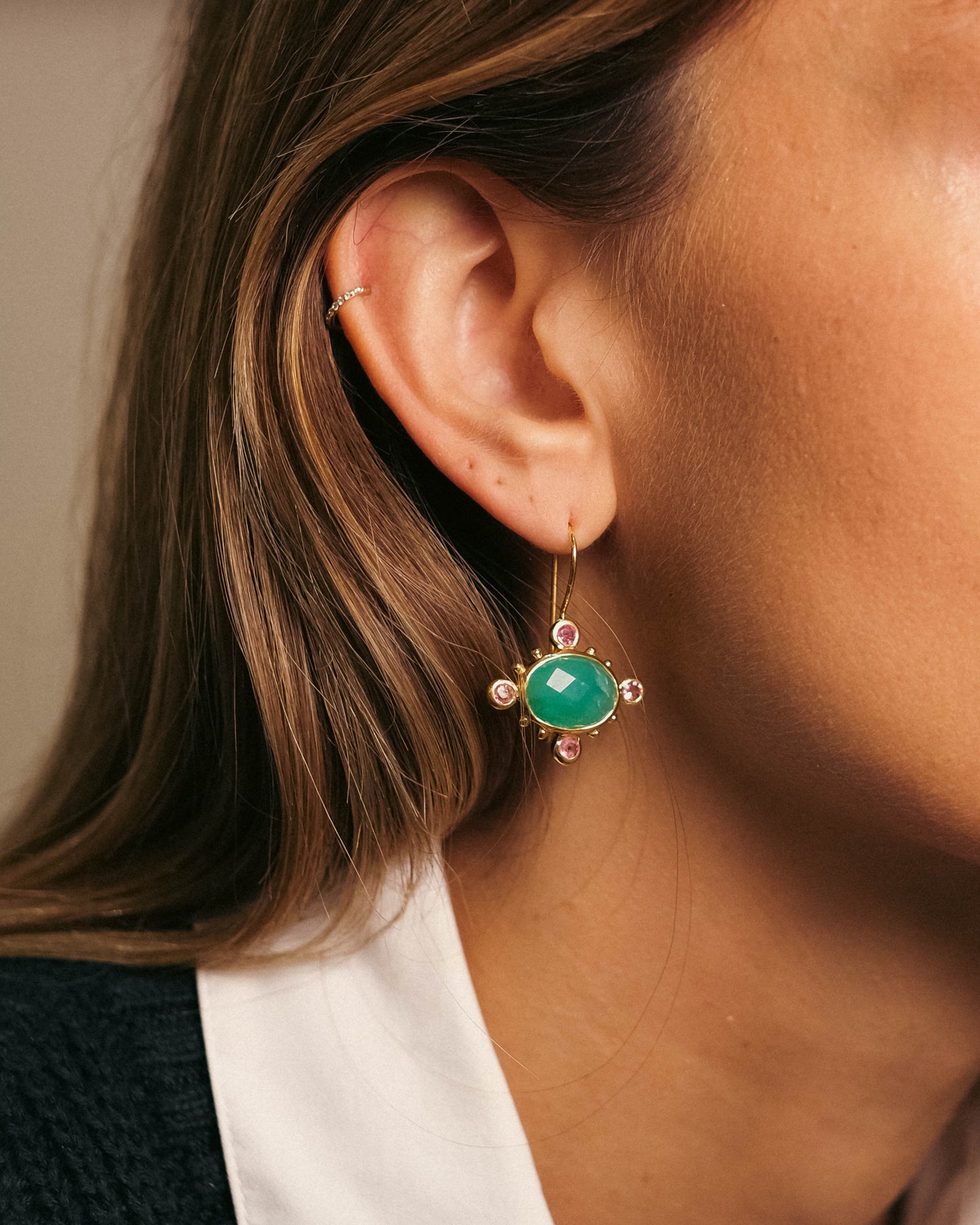 boucles d'oreilles or vermeil dormeuse pierre semi précieuse onyx vert tourmaline création joaillerie bijouterie paris bijoux femme